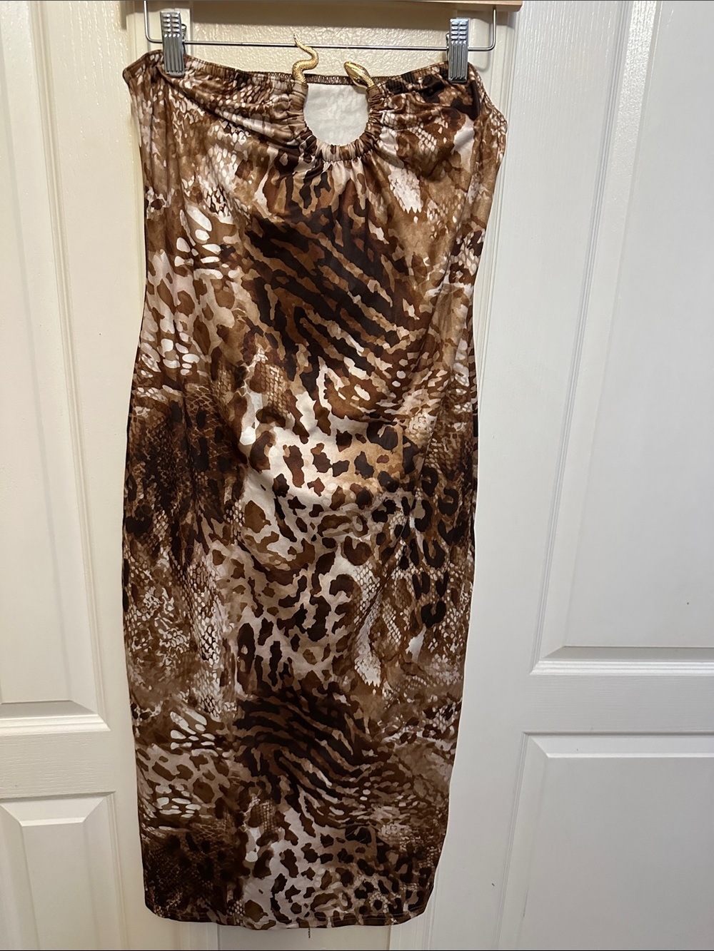 SHEIN Brown Animal Print Midi Dress with Keyhole